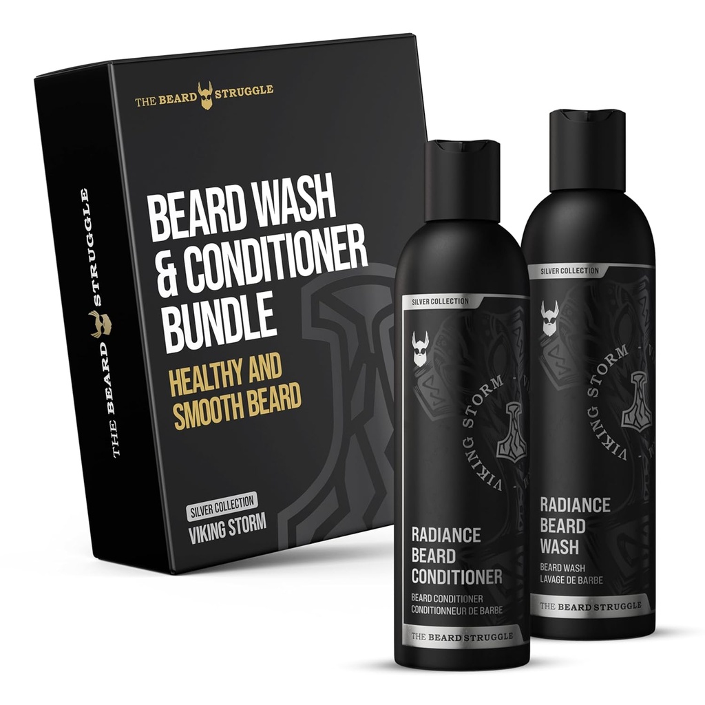 Skjeggkampen - Radiance Skjeggvask og balsam Bundle - Sølvsamling - Pakke med 2, Viking Storm - Nourish, Cleans, Softens, & Styrker Beard - Skjeggvask og balsam for menn