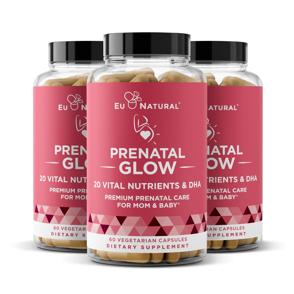 Glow Prenatal vitaminer for kvinner 3-Pack Bundle - 20-i-1 Vitale næringsstoffer for sunn svangerskap og føtal utvikling - folsyre og vegansk DHA for babyens vekst og en behagelig graviditet - 180 kapsler