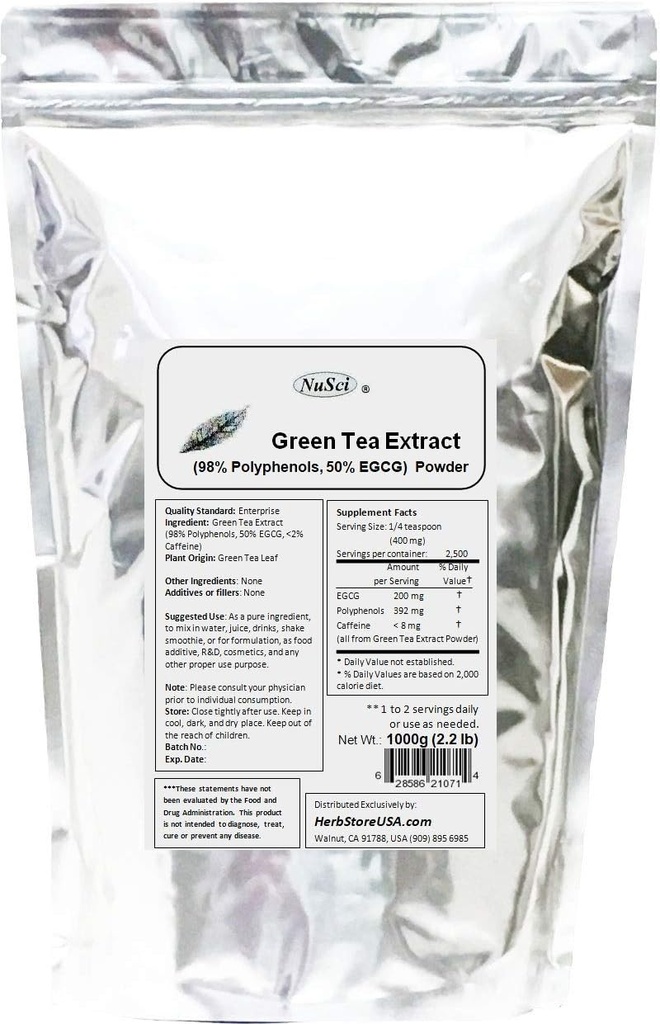 Grønn te ekstrakt bulk pulver standardisert 98% polyfenoler og 50% EGCG GMO gratis ikke-irradiert (1000 gram (2,2 lb))
