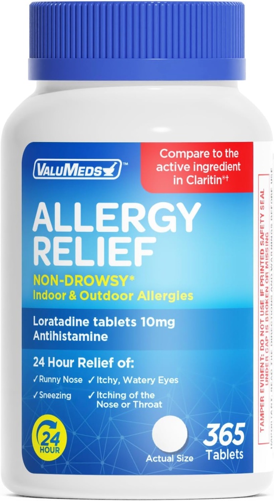 ValuMeds Loratadin 10mg Ikke-Drowsy 24-timers Allergi Relief Innendørs og Utendørs  enhver dag Antihistamin Alergy/Sinus piller for Runny Nese, Sneezing, kløende, vannige øyne | Sammenlign med Claritin ® 365 tabletter
