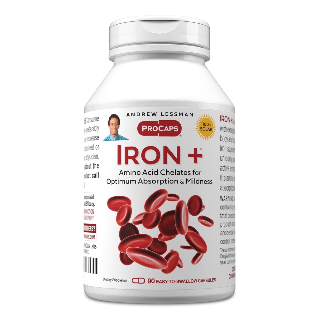ANDREW LESSMAN Iron Plus 90 kapsler - 18 mg jern, 100% ren aminosyre Chelatert jern (Glycinat, Aspartat), Plus vitamin C for økt absorpsjon, liten, lett å svelge kapsler, ingen additiver