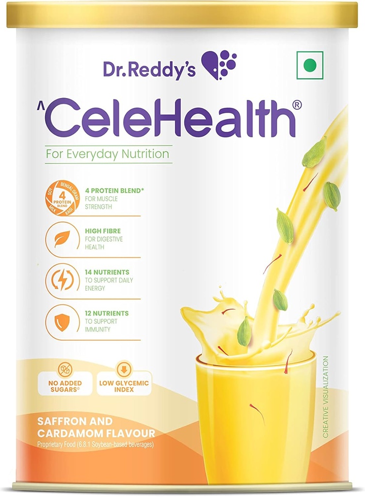 Dr. Reddy's Celehealth ernæringsdrikk, protein Supplement for daglig bruk, lav glykemisk indeks, null tilsatt sukker, safran og Cardamon Flavour, 400 g, Yellow