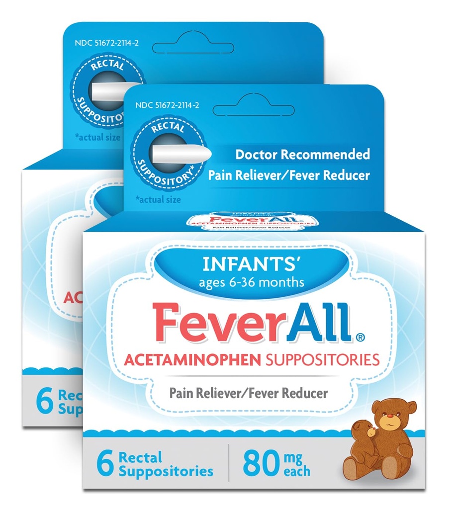 Feberall Infantert Acetaminophen Suppositories 6 Rektal Suppositories 80 mg Hver smerte Reliever / Fever Reduser. Parabenfri, Ingen kunstige farger eller andre konserveringsmidler. 6-36 måneder. Verdi 3 pakke.