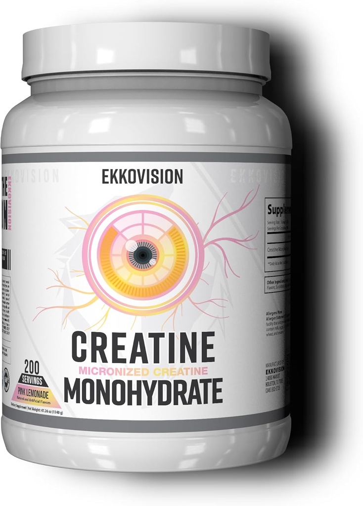 Ekkovision Kreatin Monohydrat pulver, mikronisert, rosa sitronade, pre trening og post trening kosttilskudd for menn og kvinner, energi støtte, enkel å blande i rister, smoothies og drikkevarer, 200 serveringer