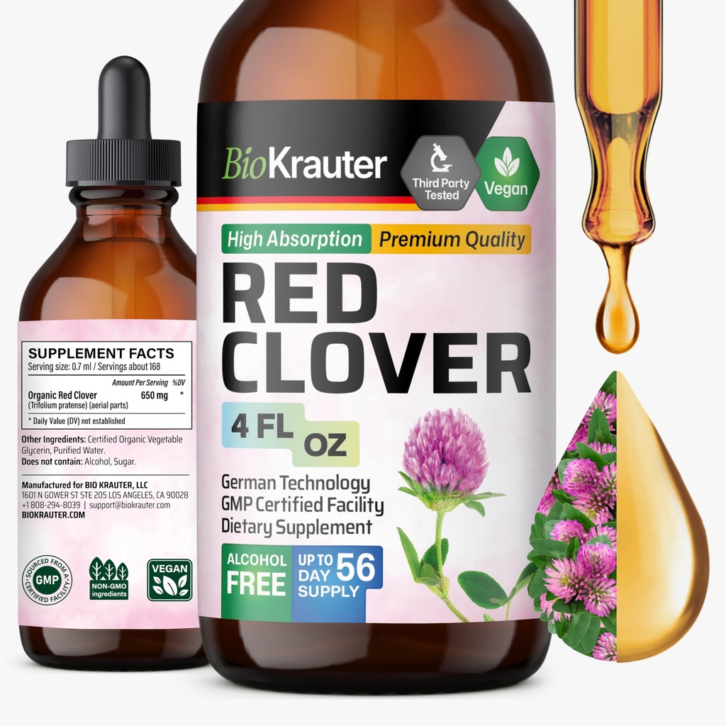 BIO KRAUTER Red Clover Tinkture - Rød Clover ekstrakt - flytende kosttilskudd for kvinners støtte - alkohol og sukker gratis - Vegan Drops 4 Fl.Oz.