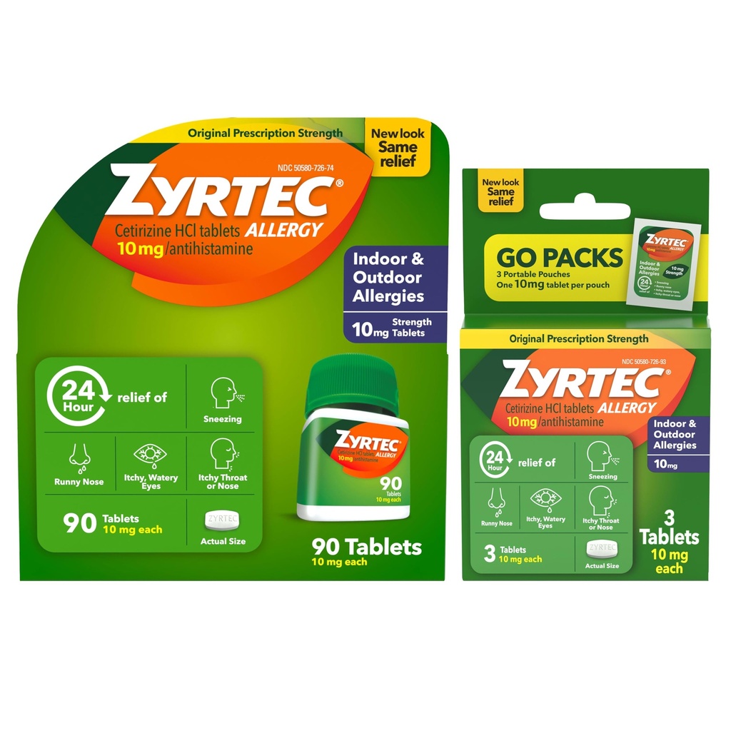 Zyrtec 24 timer Allergi Relief Tabletter, Innendørs og Utendørs Allergi medisin med 10 mg Cetirizin Hydroklorid Antihistaminer, verdi Bundle av en, 90 ct flaske & tre, 1 ct reisepakker