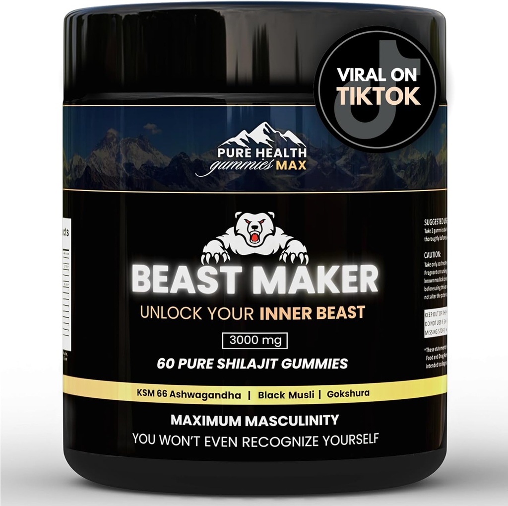 Beast Maker - Pure Shilajit Gummies for menn | Naturlig Himilayan Organic Shilajit Autentisk Mann Enhancement Supplement med Ashwagandha, Black Musli, Gokshura | 60 Gummies
