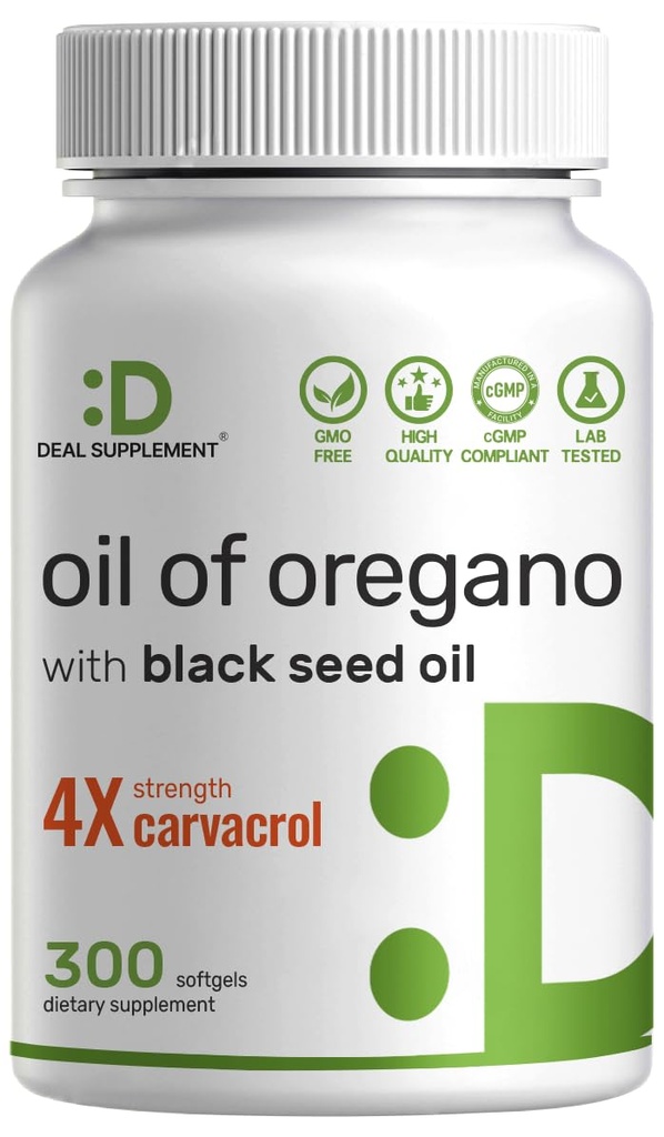DEAL FORSVAR Olje av Oregano Softgels med svart frøolje 300 greve – 30:1 ekstrakt, aktiv karvatrol og thyrokinon – antioksidant immunhelsestøtte – plantebasert, ikke-GMO