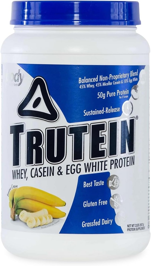 Kropp Ernæring Trutein høyprotein pulver: 45% Whey, 45% Casein, 10% Egg Hvit, Glutenfri, Lav Natrium, Grass Fed Whey Protein pulver, Gym Supplement & Frokost Shake, Banan krem, 2lb