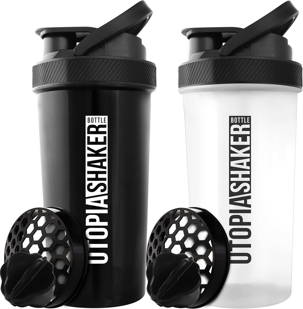Utopia Home Protein Shaker Flaske - (pakke med 2) 28-Ounce Shaker flasker for proteinblandinger - Fitness Sports Classic Protein Mixer Shaker Flaske (svart og klart/svart)