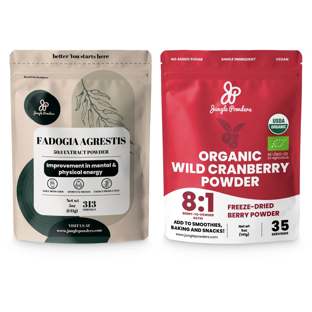 Jungle Powders Ultimate Mens velvære Duo: 5oz Fadogia Agrestis Ekstrakt & 5oz Organic Wild Cranberry Powder - Nigerian Fadogia Supplement for Drive & Passion, USDA sertifisert Cranberry Superfood