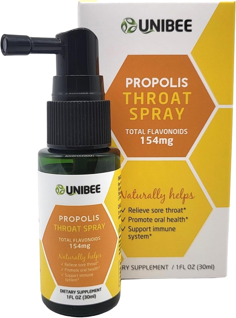 UNIBEE Propolis Throat Spray (Total Flavonoids 154mg) - Sore Throat Relief, Oral Helse kampanje, Natural Immune Support, Alkohol-fri & Vannløselig Propolis