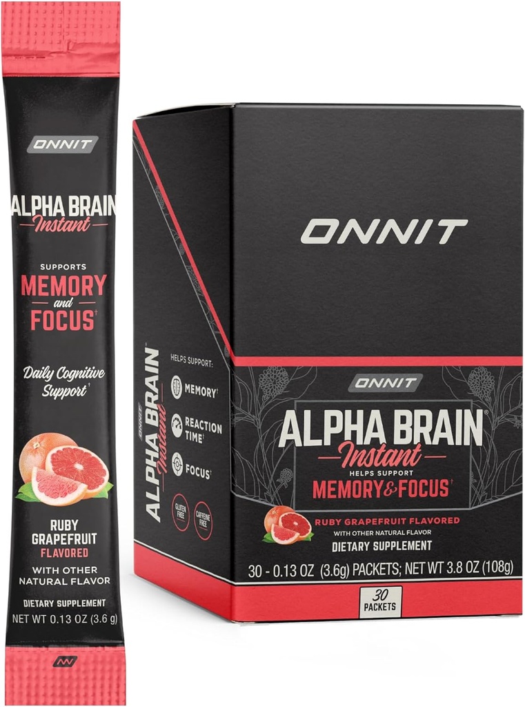 ONNIT Alpha Brain Instant - Ruby Grapefrukt Flavor - Nootropic Brain Booster Minne Supplement - Brain Support for Focus, Energi og Klarhet - Alpha GPC Choline, Cats Claw, L-Theanine, Bacopa - 30ct