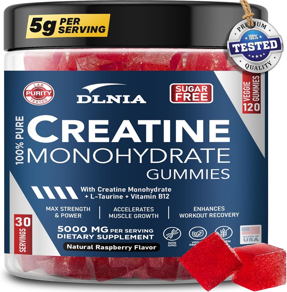 120 Kreatin Monohydrat Gummies for menn og kvinner, Vegansk-vennlig, Sukker-fri, & Tasty Chewables - Instantised Kreatin Gummies for forbedret muskelvekst, gjenoppretting, & ytelse (Raspberry)