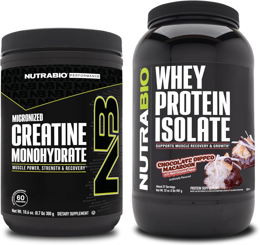 NutraBio Kreatin Monohydrat, Uflavorert, 300g og Whey Protein Isolat, Sjokolade Dipped Macaroon, Supplement Bundle - Muskelenergi, Lean Muskelvekst, Recovery, og Styrke