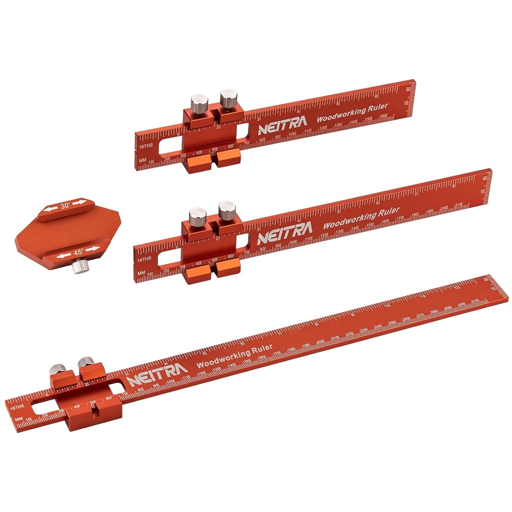 Trearbeidsleder, Neitra 3PCS (6/8/12 tommer) Metall Pocket-regel med en 45° og 30° Slide Stop for måling presisjon, glidestopp Aluminumregel for merking av tommer og Metrisk T-type Scribing linjaler Square