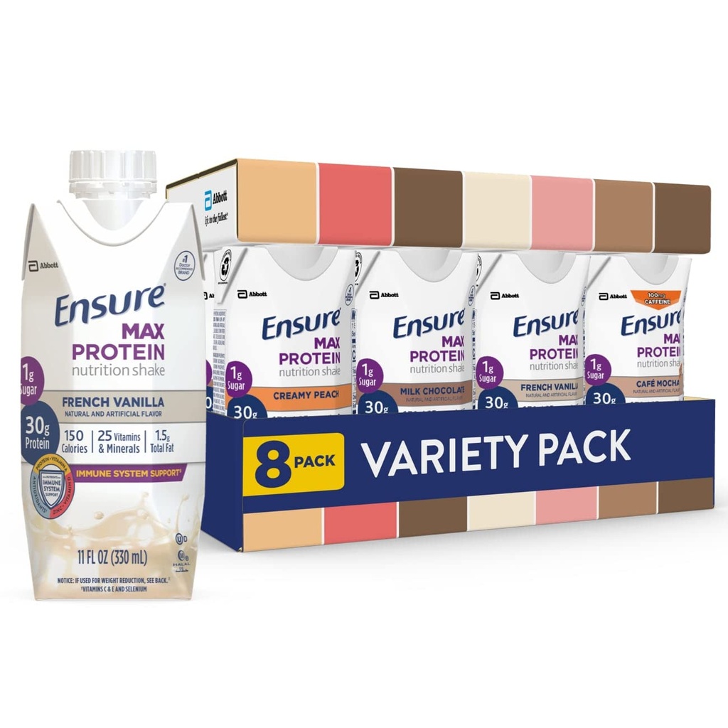 Sørg for Max Protein Ernæringshakes, Variety Pack, Med 30 g protein, 1g sukker, Næringsstoffer til støtte immunsystem helse, høyproteinshake, 11 fl oz, pakke med 8, væske