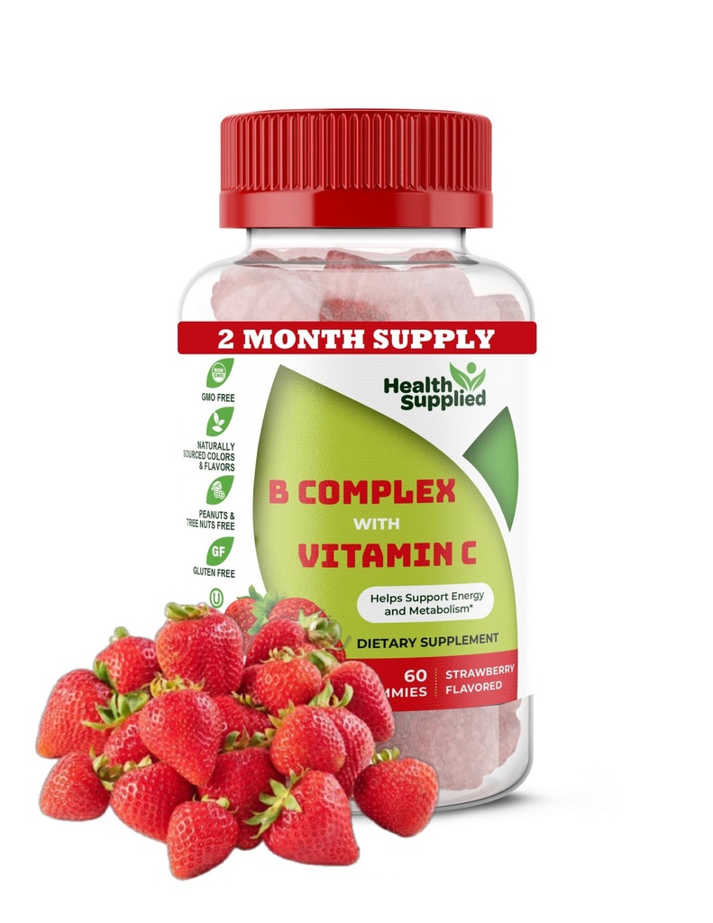 Jordbær Flavored vitamin B komplekse gummier - B-kompleks med vitamin C - støtter nervesystem og øker energinivåene - assisterer med kognitiv funksjon - Great Tasting og lett å svelge