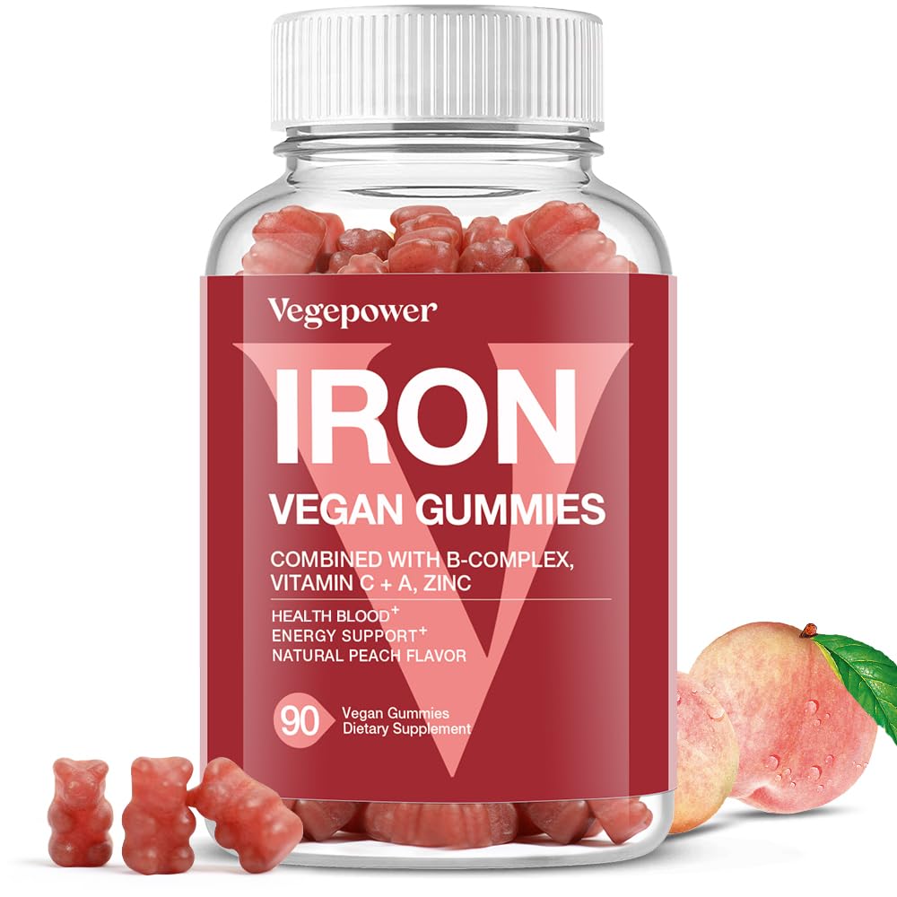 Vegan jern gummier Supplement - med vitamin C, A, B-kompleks, folat, sink for voksne og barn - Helse blod & energi støtte for jernmangel, anemi, Nei etter smak - fersken flavor (90 Ct)