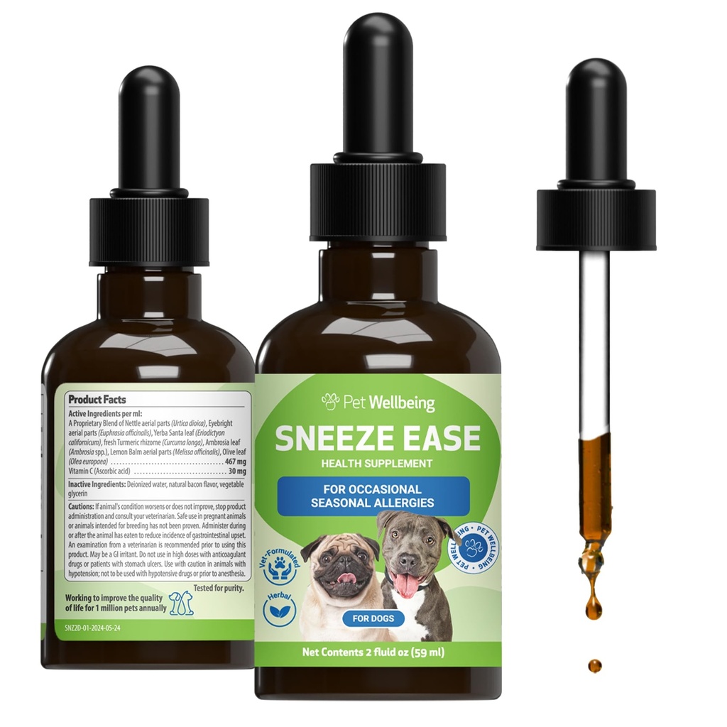 Kjæledyr velvære Sneeze Ease for hunder - Avslappende Sneezing, Sesongallergier, Nese & Eye Discomfort, Eyebright, Nettles - Veterinærformulert Herbal Supplement 2 oz (59 ml)