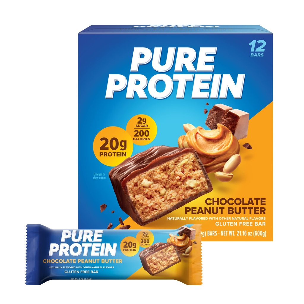 Pure Protein Bars, Høyt Protein, Nødvendige Snacks å støtte energi, Lavt sukker, Glutenfri, Sjokolade Peanut Smør, 1.76oz, 12 greve (Packing May Vary)