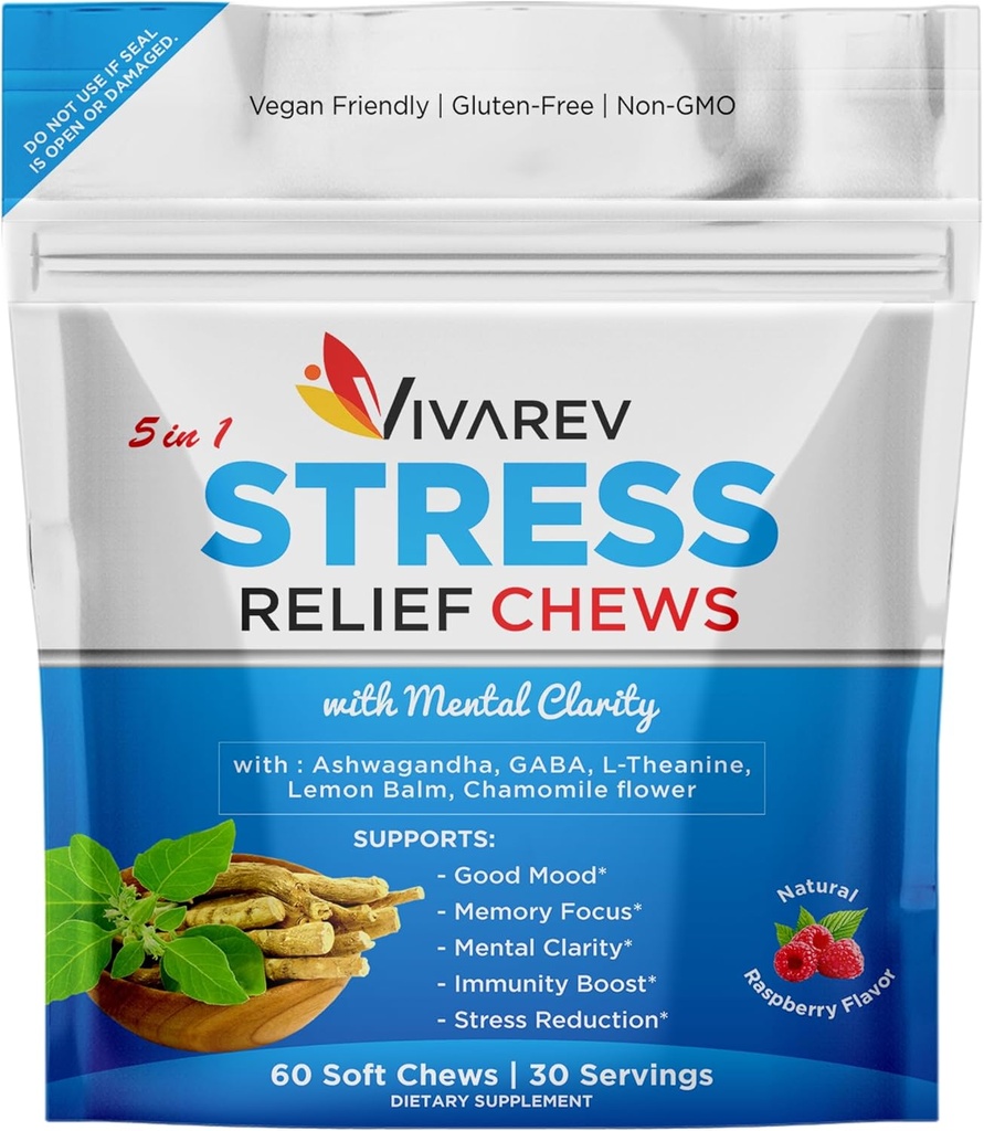 Stress Relief Ashwagandha Gummies - Formulert med Ashwagandha, GABA, L Theanine, Lemon Balm & Kamille Blomster som en Stress Relief og Focus Supplement - Naturlig bringebær Flavor, Pakke med 60
