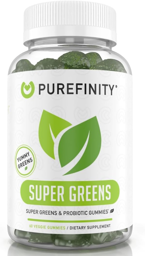 PUREFINITY Daily Super Greens Gummies med Spirulina, Spinat, Broccoli, Beet Root, Acai og andre grønnsaker, All-i-Et Veggie Supplement - Ikke-GMO, Glutenfri, Vegan, 60 greve