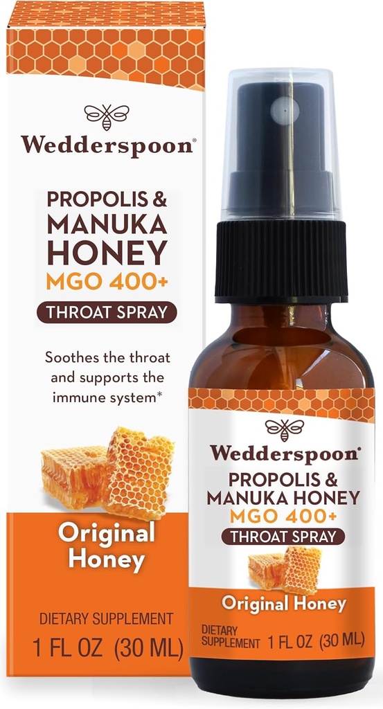 Wedderspoon Propolis og Manuka Honning Throat Spray, Original Honning, 1 Fl Oz (Pack of 1), Sore Throat Relief, Natural Immune Support