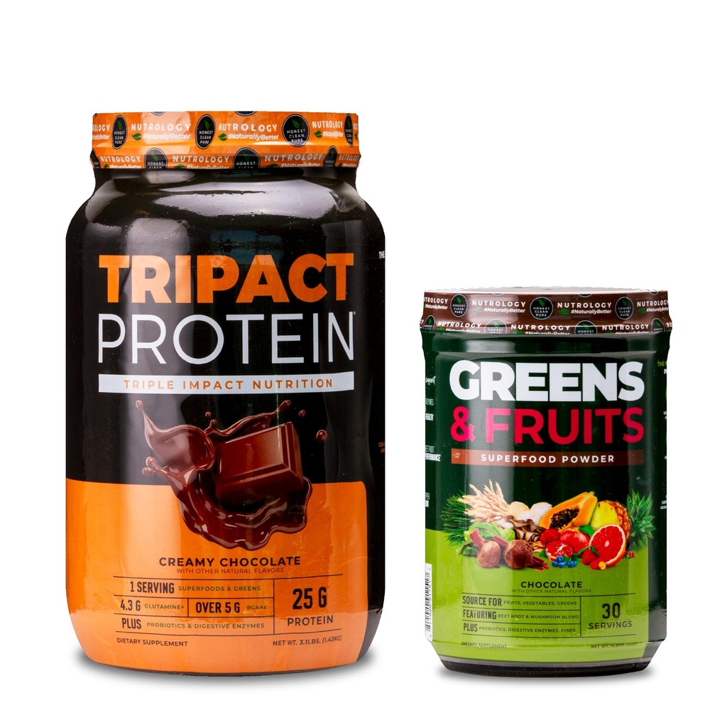 Nutrologi TRIPACT Proteinpulver, 7-i-1 måltid erstatningshake, kremet sjokolade (40 serveringer) Grønn og frukter pulver-naturlig laget supermat, sjokolade (30 serveringer)