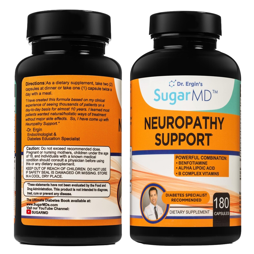 SugarMD Neuropati Support Supplement – 180 Nerve Supplement Kapsler med Alfa Lipoic Acid, Benfotiamin & Vitamin D3 B6 B12 - Nerve Støtte Supplement for føtter Håndfinger og ben - 90 dagers Supply