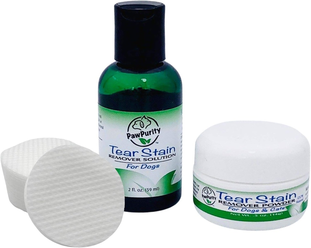 PawPurity Tear Stain Remover Starter Kit for hunder | Inkluderer Tear Stain Remover Solution 2 oz, pulver .5oz og 30 applikasjon Pads | 100% naturlig | fjerning tar ca 7-10 dager (30-45 dagers forsyning)