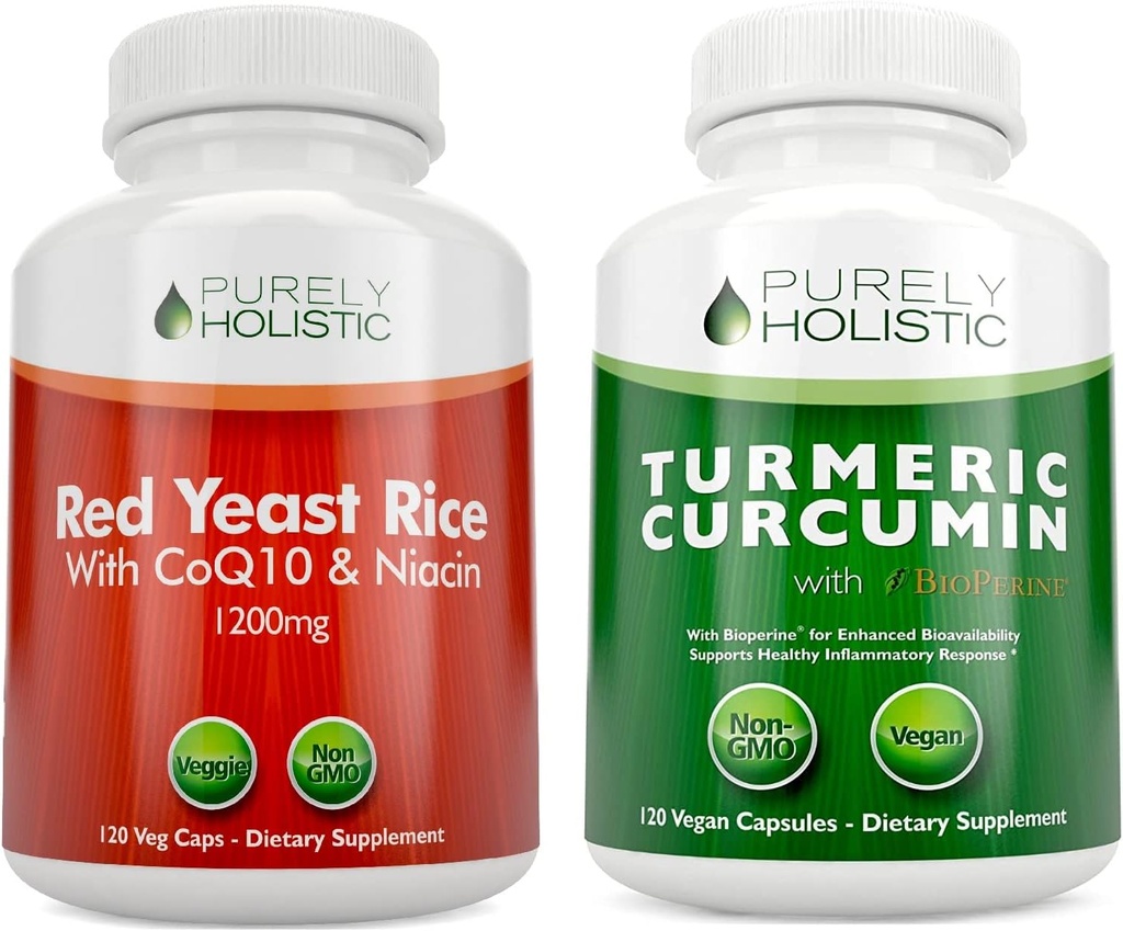 Red Yeast Rice 1200mg & Niacin + Organic Turmeric Curcumin 700mg & Bioperine Leverer 95% Curcuminoids - 240 Vegetariske kapsler