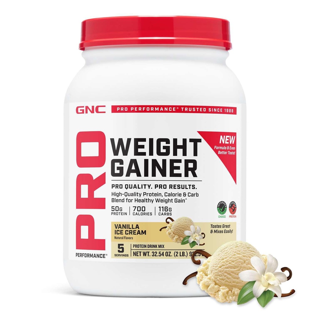 GNC Pro ytelse vekt gevinster protein pulver, 50g protein, høy kalori, 700 kalorier, støtter masse og muskel gjenoppretting, MCT, BCAA, 3. part testet, vanilla iskrem, 6 serveringer, 2,5 lbs