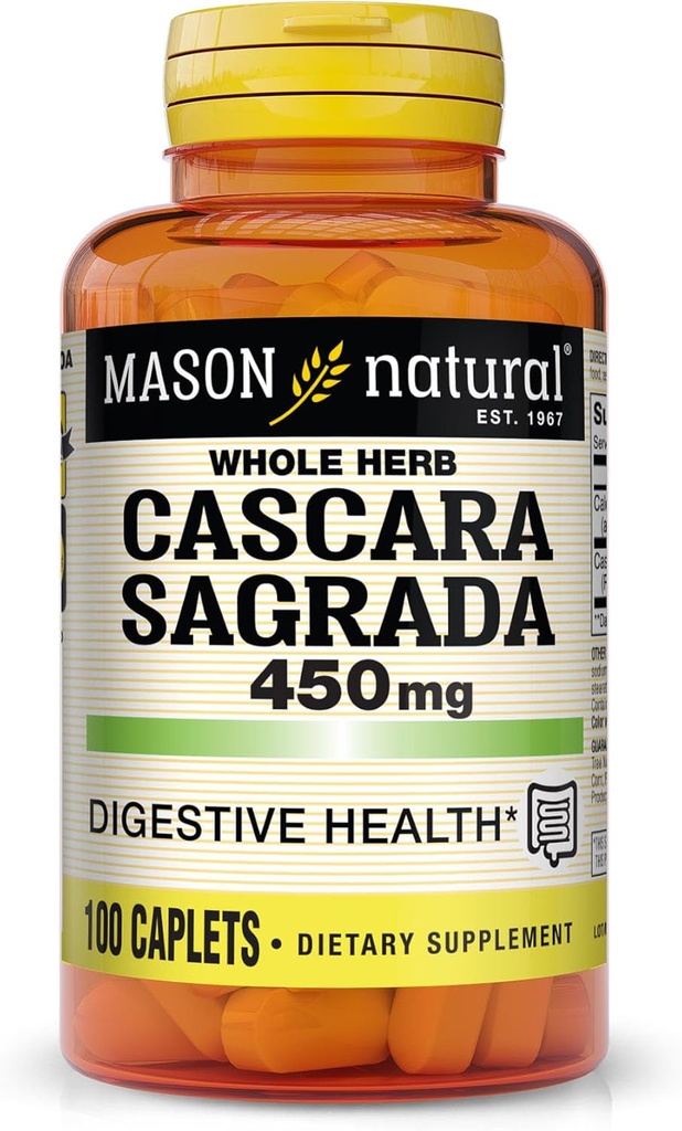 MASON NATURAL Cascara Sagrada 450 mg, Herbal Supplement for normal Digestiv funksjon Støtte, 100 Caplets