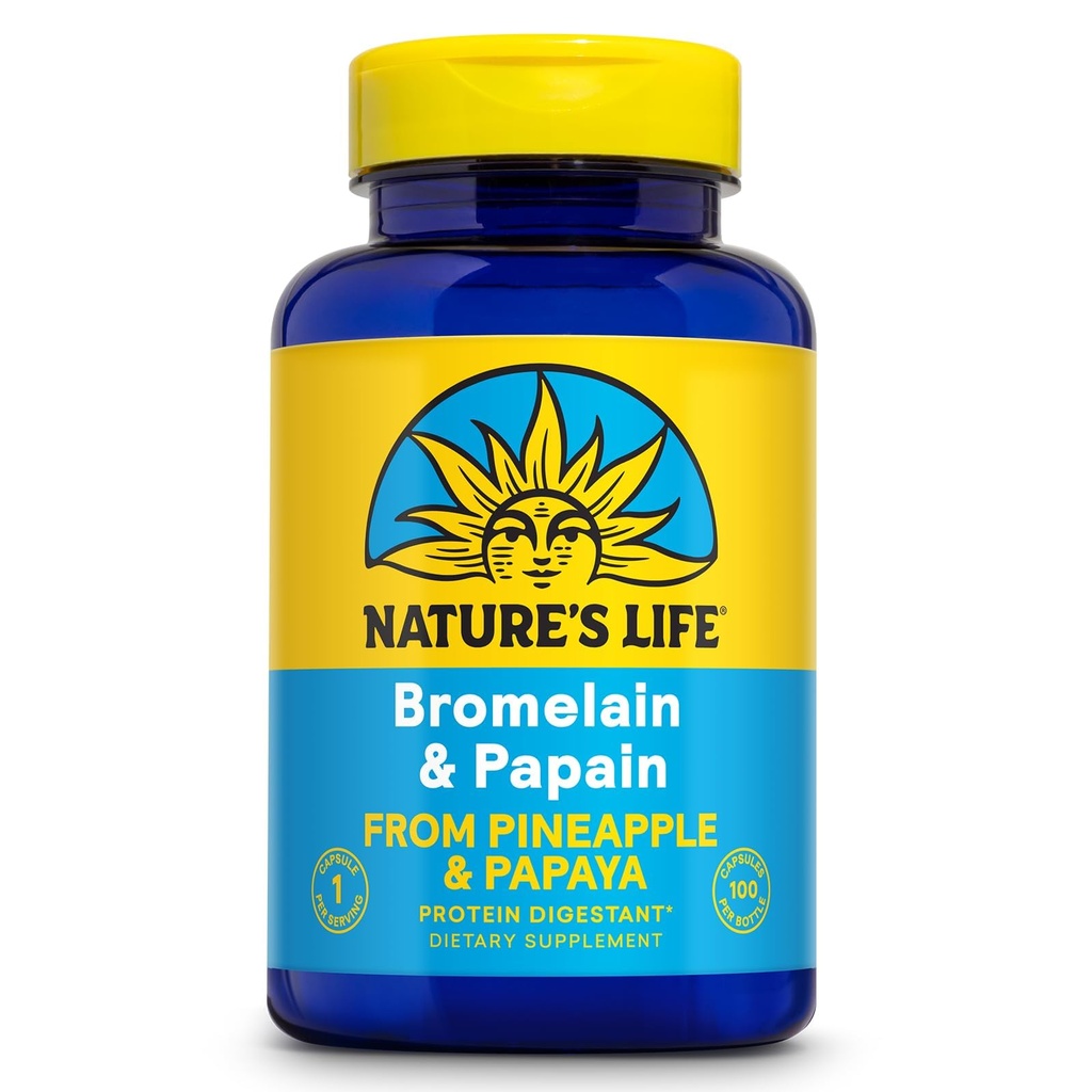 Naturens liv Bromelain & Papain | Proteolytiske enzymer for digestiv støtte og komfort | fra Pineapple & Papaya | 250mg Ea | 100 vegetariske kapsler