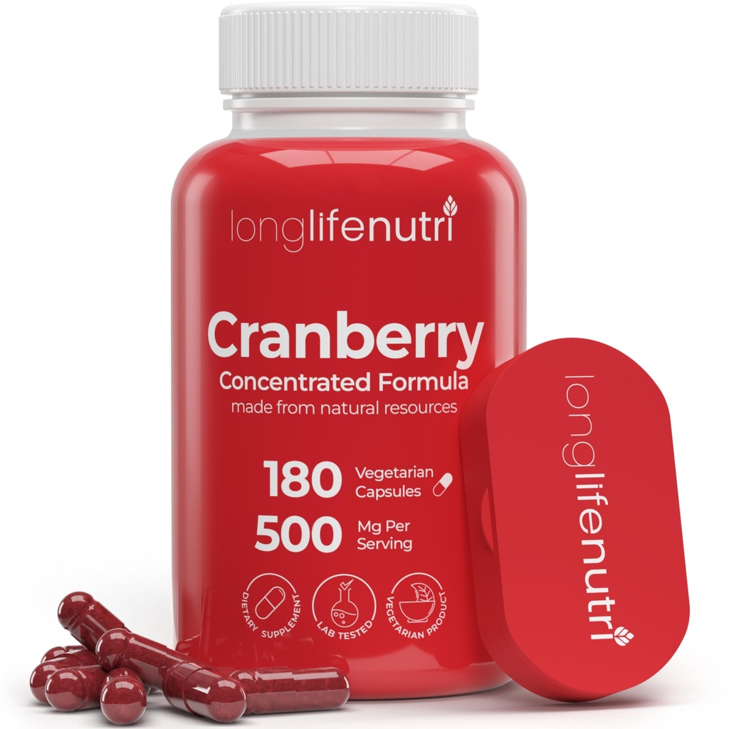 LongLifeNutri Cranberry Extract med vitamin C & E - ren konsentrert formel, 500mg per servering, 180 vegetariske kapsler, urinbåndstrakt helse & blader, 6 måneders forsyning, laget i USA