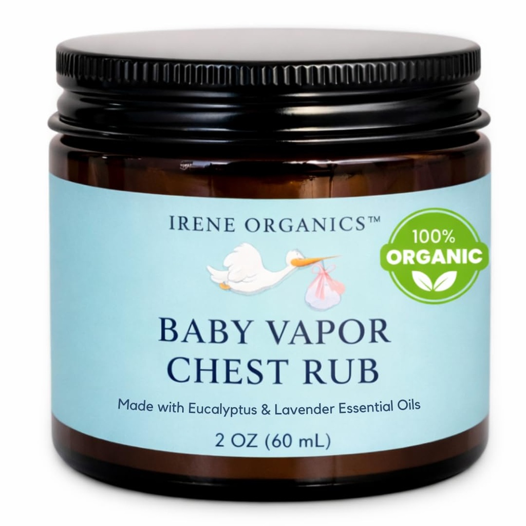 Irene Organics Organic Baby Vapor Chest Rub Clean Vapo Rub laget med ikke giftige ingredienser som Eucalyptus Essential Olier, trygt for alle aldre, nyfødte og spedbarn, syke barn essensielle