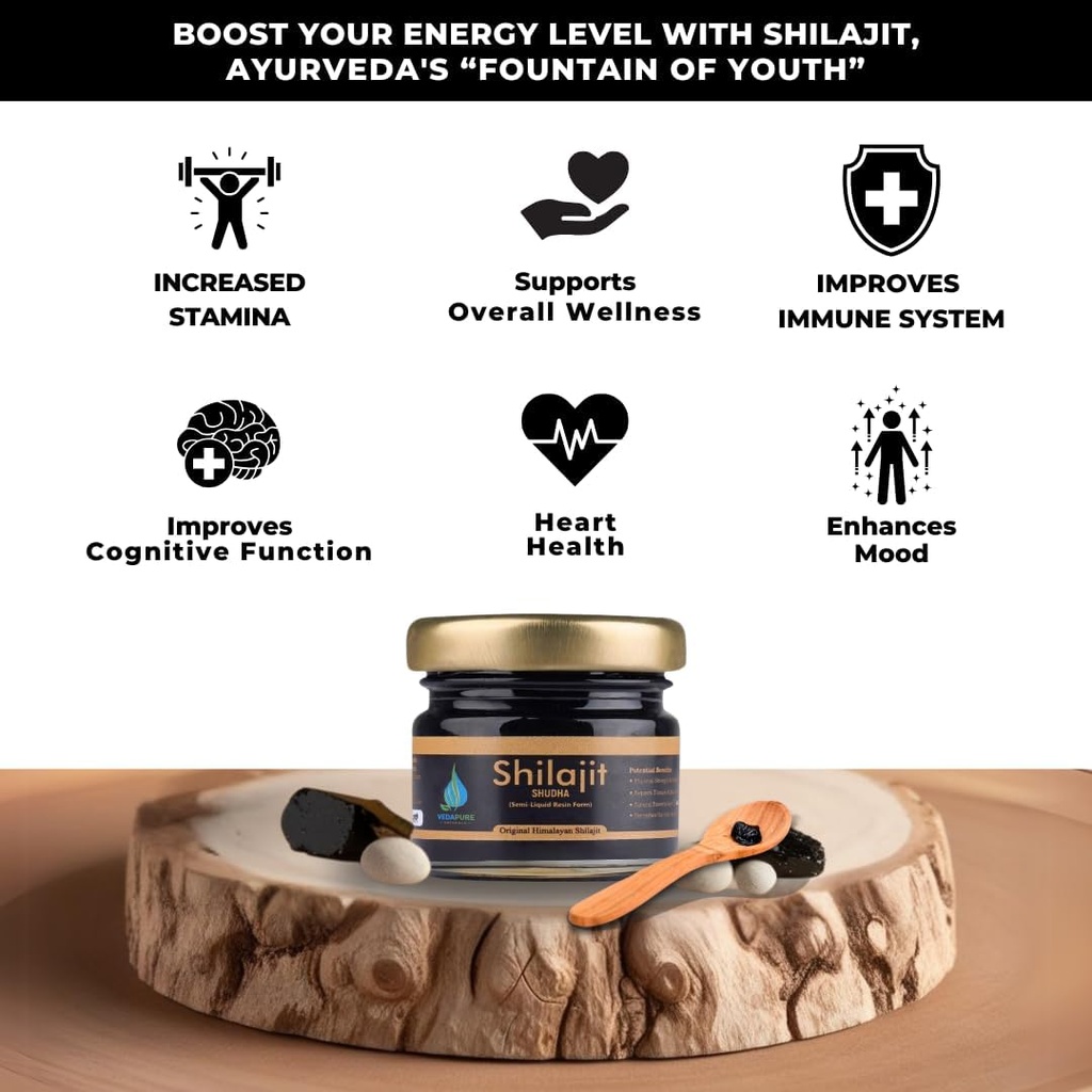Vedapure Purest Himalayan Shilajit Resin 100% ren Shilajit med Fulvic Acid & 85+ Trace Minerals Complex for energi og immunstøtte, 15 gram