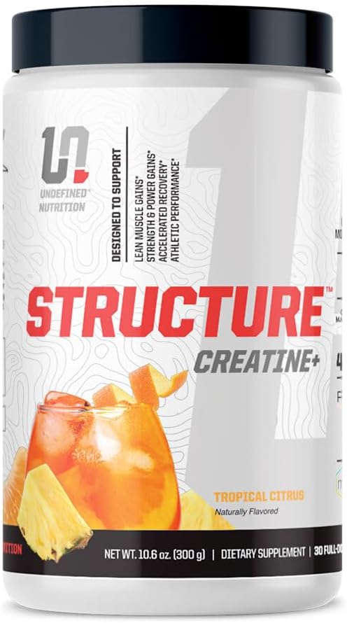 Udefinert ernæringsstruktur Kreatin + av Brian Shaw (30 serveringer) - Mikronisert kreatinmonohydrat + magnesiumkreatinin Chelat & HMB og PEAK ATP-styrke, Power, Recovery (10,6oz, Tropical Citrus)