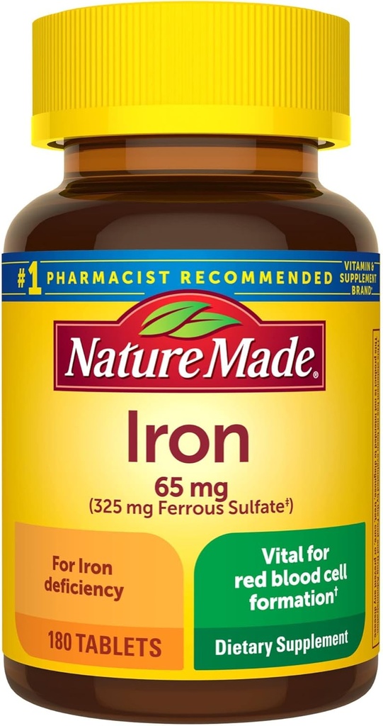 Naturlaget jern 65 mg (325 mg Ferrous Sulfat) Diett Supplement for rød blodcelle støtte 180 tabletter (pakke med 1)?