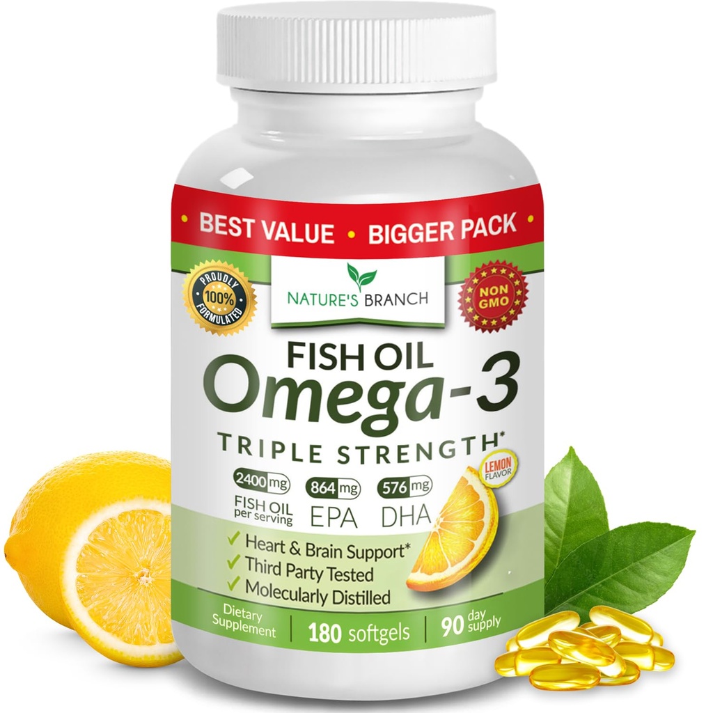 Beste trippel styrke Omega 3 fiskeolje piller - 180 kapsler - 2400mg høy potens Burpless sitron flavor 864mg EPA 576mg DHA Ultra ren flytende softgels for hjernen leddene øyene hjerte helse supplement