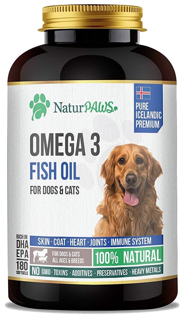 Omega 3 Fish Oil Supplement for hunder og katter - 1000 mg ren DHA og EPA Omega - Støtter Sunn Coat og hud, hjerte, immunsystem, ledd og Hip - 180 softgels