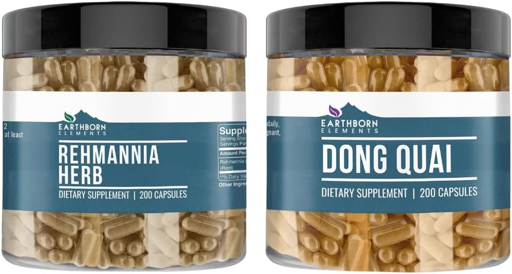 Jordbårne elementer Rehmannia Herb og Dong Quai Bundle, 200 kapsler hver, ren og ufortynnet, ingen tilsetningsmidler