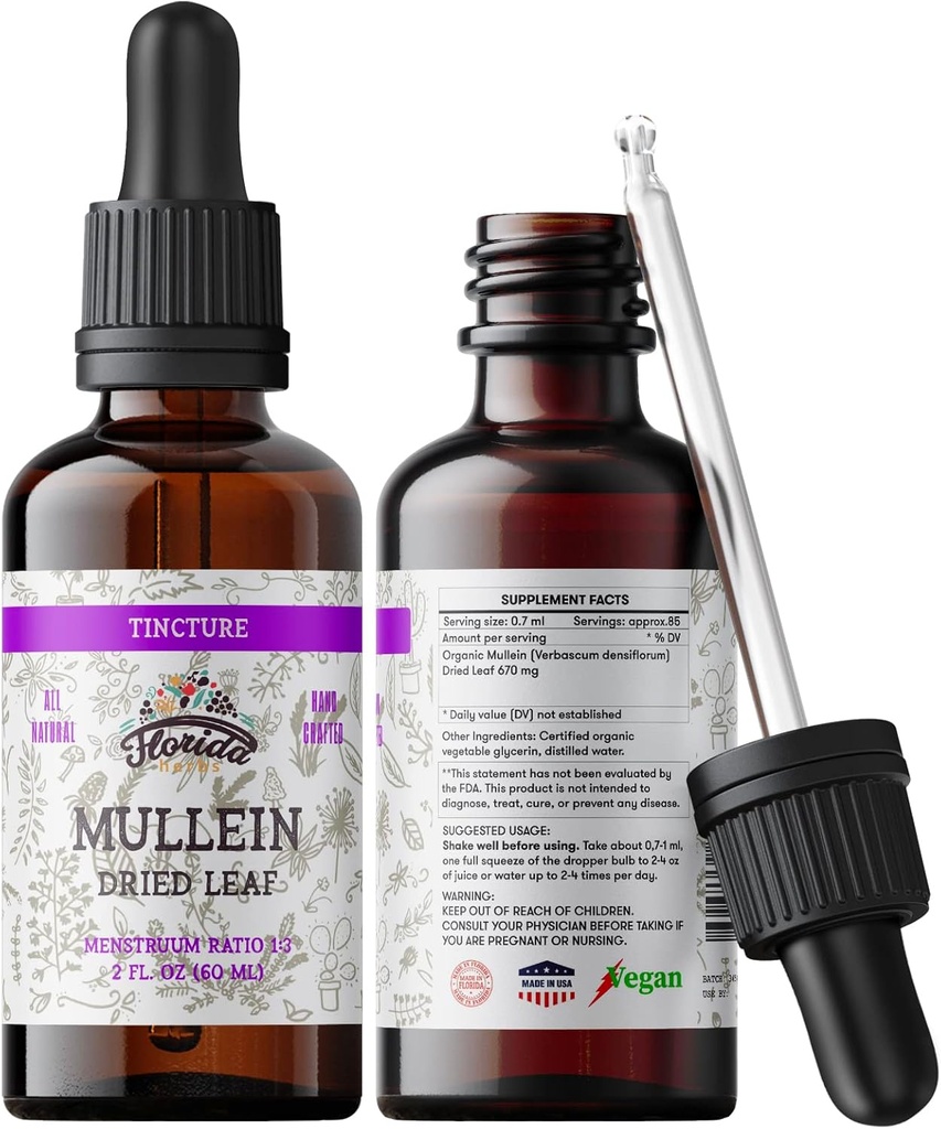 Mullein Tinktur Ekstrakt, Organisk Mullein (Verbascum densiflorum) Tørket blad Herbal Supplement i kaldpresset grønnsaker Glycerin 670 mg