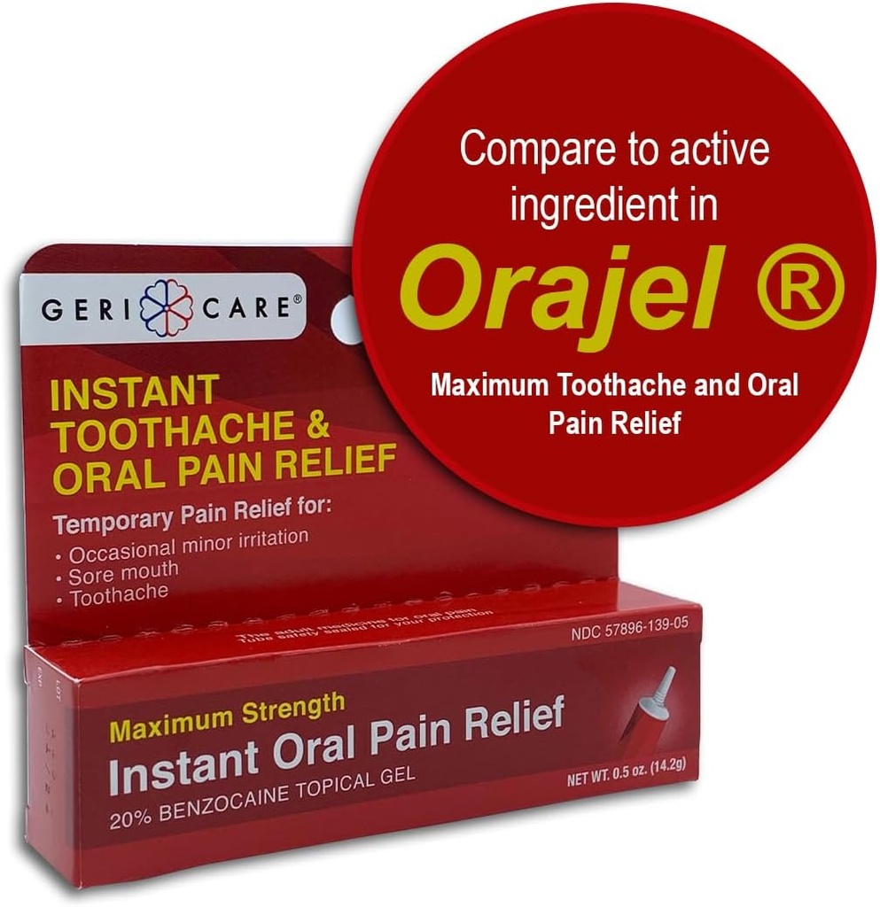 GeriCare Benzocain 20% Maksimal styrke tannkjøtt og oral smerte relief Gel 0.5 oz. Fast-virkende Numbing smertebehandling for Toothaches, Gum irritasjon, sensitivitet og munnsorber, (pakke med 1)