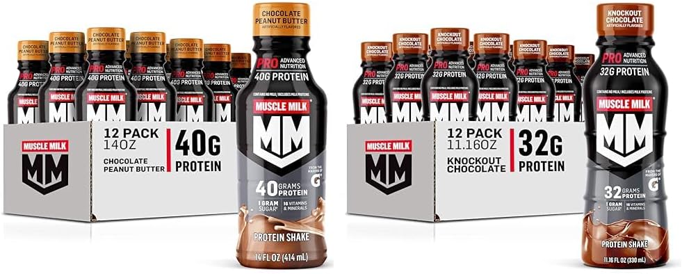Muskelmelk Pro Series Sjokolade Peanut Smør Protein Shake 40g Protein Pack med 12 & Pro Avansert ernæring Knockout Sjokolade Protein Shake 32g Protein Pack med 12