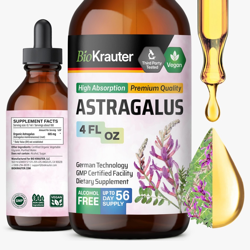 BIO KRAUTER Astragalus Tinktur - Astragalus Root Extract for immunstøtte - alkohol og sukker gratis - høy absorpsjon - Vegan Drops 4 Fl.Oz.
