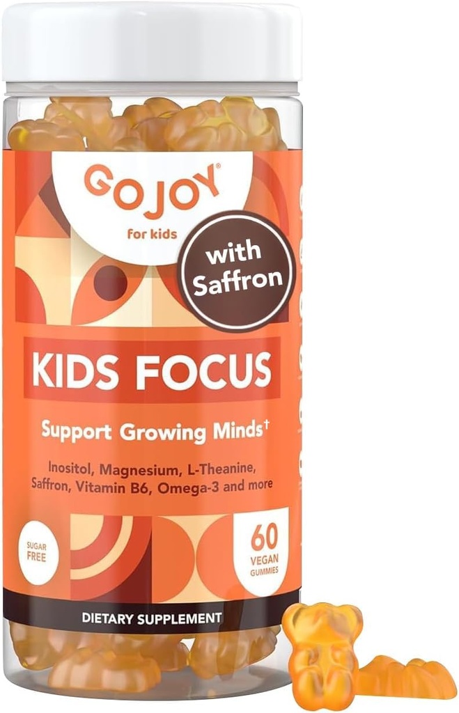 Kids Focus Gummies - 7-i-1 Fokus og oppmerksomhet Supplement for barn og tenåringer m/Saffron Extract, Magnesium Glykinat, L-theanin, Inositol & mer - Vegansk, Gluten & Sukkerfri, Ikke-GMO