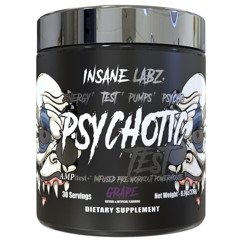 Insane Labz Psykotisk test, høy stimul testosteron energi og pumpe øker pre-arbeid pulver med DMAE Bitartrat, D Aspartic Acid, Kreatin HCL og glycerol Monostearat, 30 serveringer, Grape