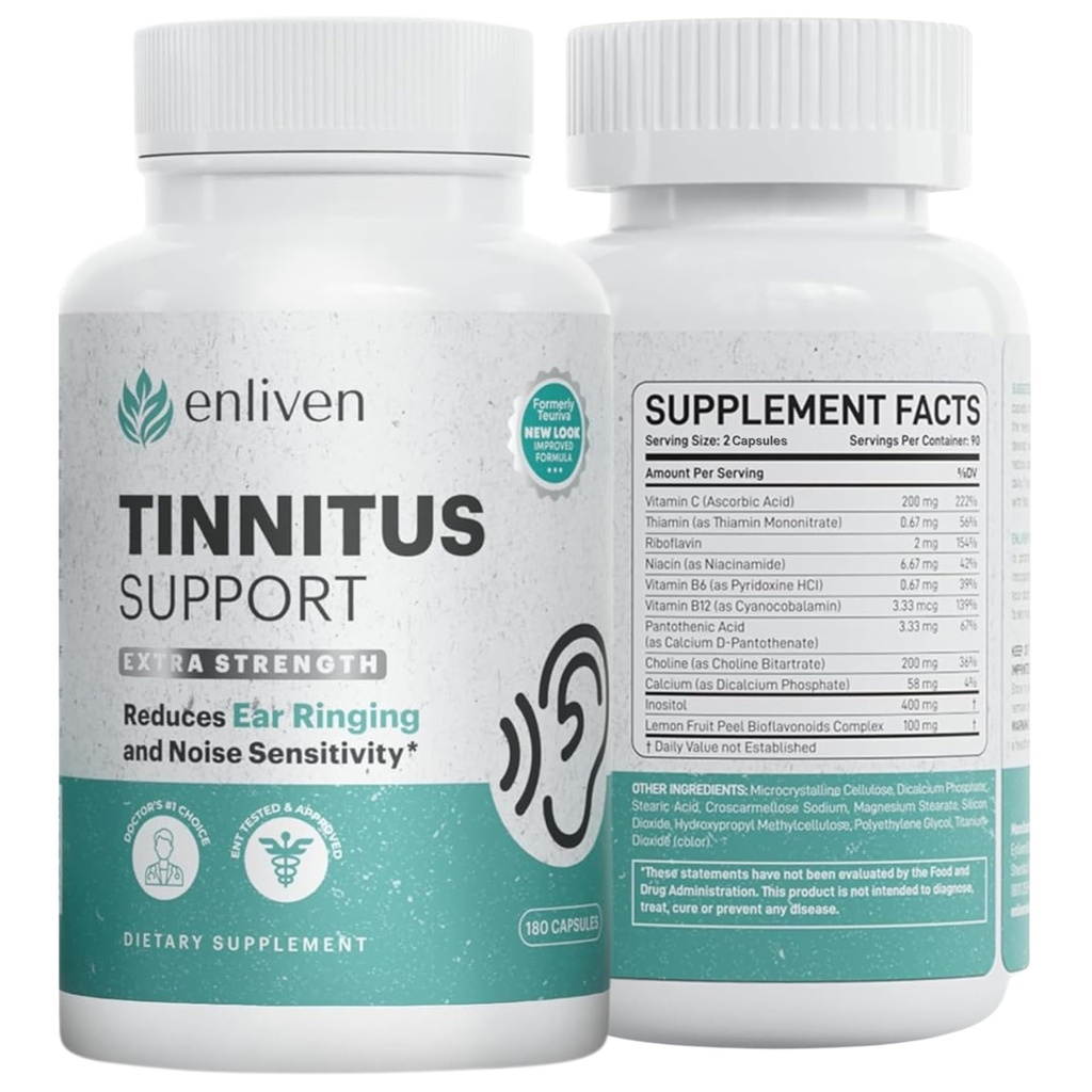 Tinnitus Relief-piller for ringing øre og øre Helse | Ekstra styrke Tinnitus Supplement med Bioflavonoider, B12 & Inositol | Støtter søvn, fokus og revisjon klarhet | 60 kapler | 2 pakke